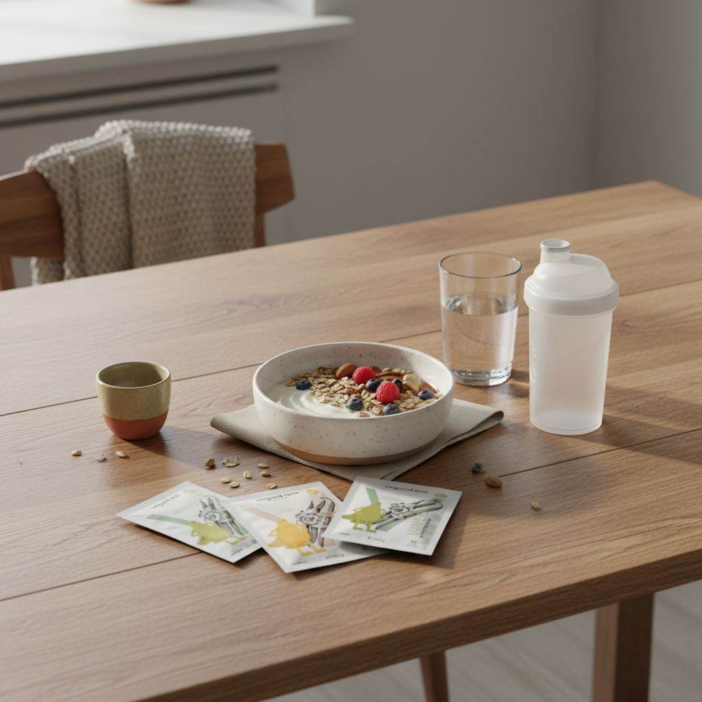 Minimalistische Morgen-Küchenszene mit Protein-Bowl, Shaker, Glas Wasser und Protein-Probebeutel auf Holztisch — Was kann ich knabbern, wenn ich Abnehmen will?