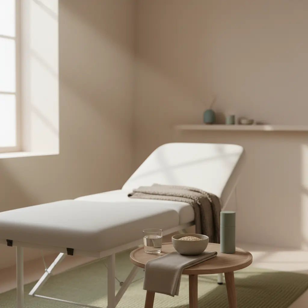 Minimalistischer Behandlungsraum in sanftem Morgenlicht mit moderner Liege, Beistelltisch, Glas Wasser, Schale Haferflocken und Produkt aus Referenzfotos – was kostet abnehmen im liegen pro behandlung