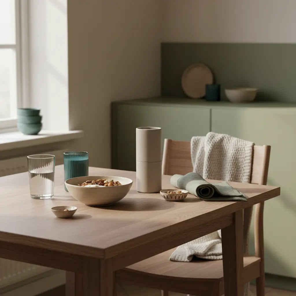 Was muss ich als Frau essen, um Muskeln aufzubauen? Veganes Frühstück mit Granola, pflanzlichem Joghurt, Nüssen und Shake in minimalistischer Küche (Vegardians-Farben).