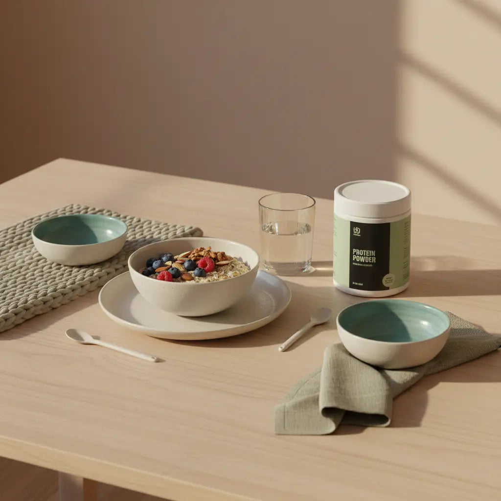 Vegan-proteinstarkes Frühstück mit Hafer, Beeren, Nüssen und Proteinpulver‑Behälter auf nachhaltigem Holztisch im Morgenlicht – Was nehmen für extremen Muskelaufbau?