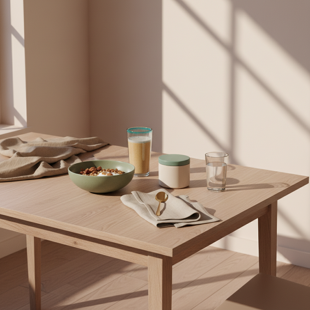 was nicht essen im winter: minimalistisches Winterfrühstück mit Granola, Joghurt, Nüssen und Shake auf nachhaltigem Tisch in Beige und Salbei