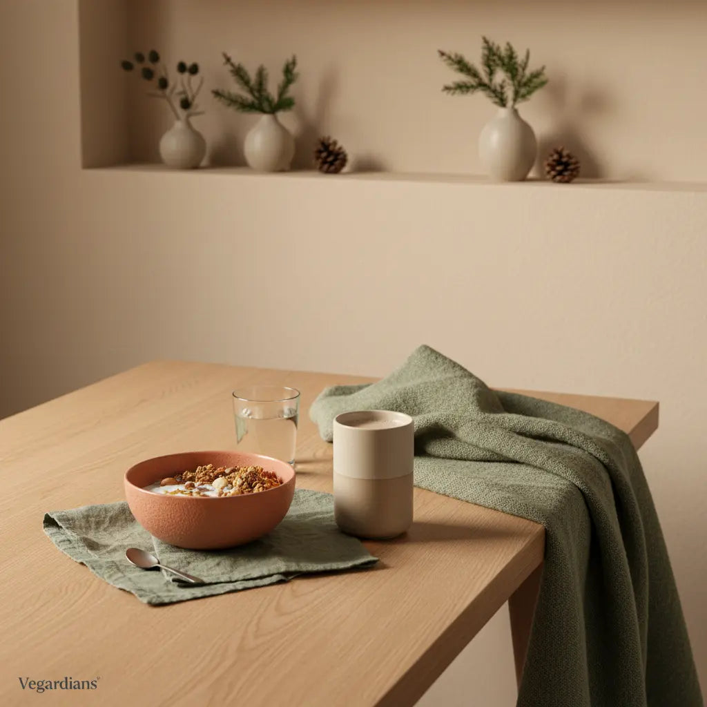 Minimalistisches Vollformat-Frühstück mit veganem Granola, Pflanzjoghurt, Nüssen, Shake und klarem Glas in einer europäischen Küche – Was soll ich morgens nicht als erstes essen?