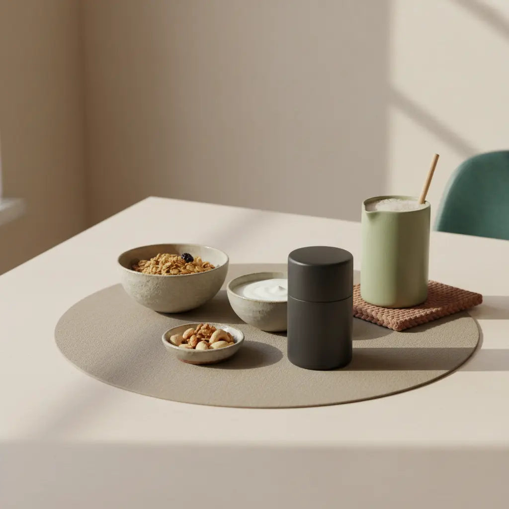 Minimalistische Frühstücksszene mit Granola, pflanzenbasiertem Joghurt, Nüssen und Protein-Shake in einer europäischen Küche – Was soll man nicht essen, wenn man Muskeln aufbauen will?