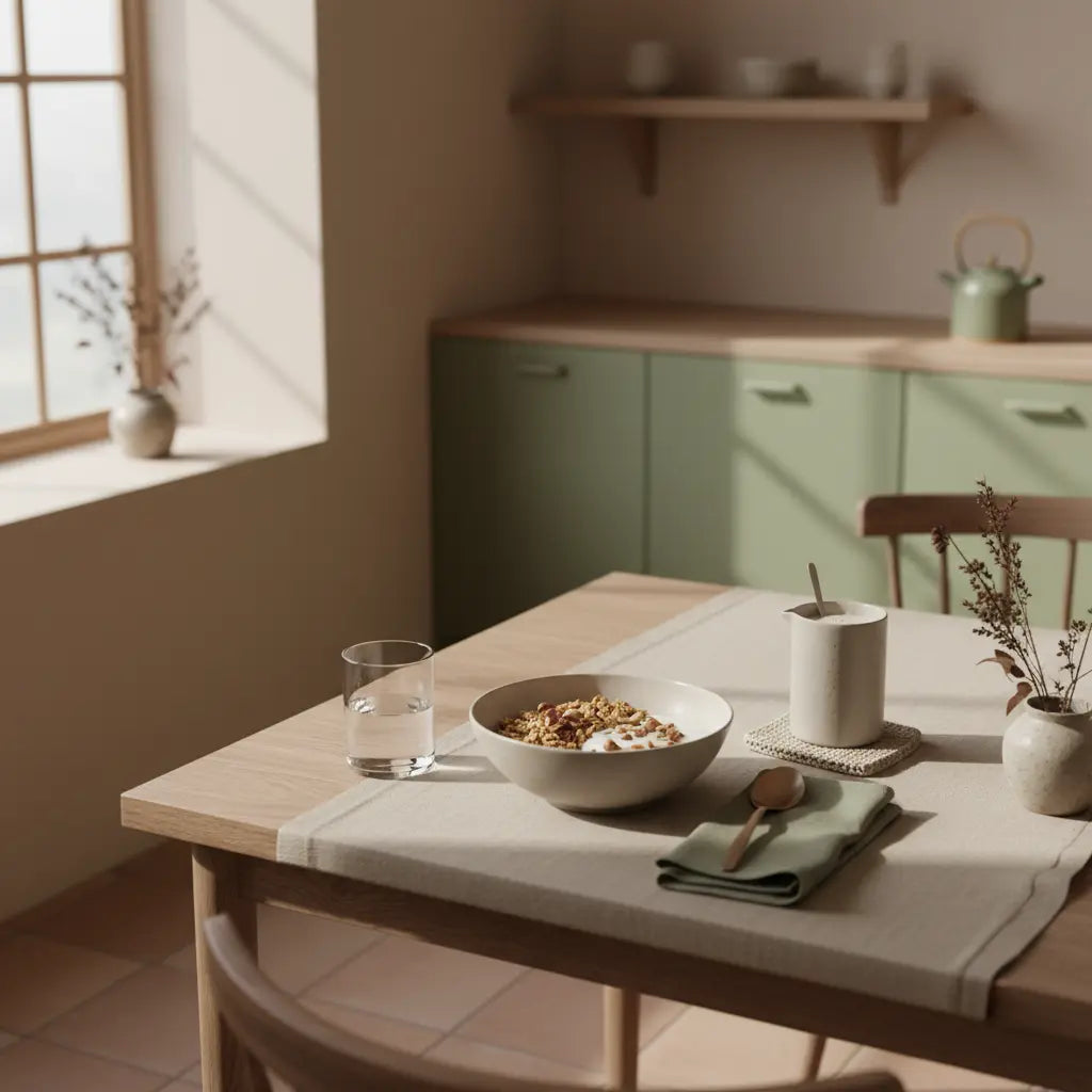 Minimalistisches Frühstück in europäischer Küche mit Haferporridge, Nüssen und Shake, nachhaltiger Tisch – Was sollte ein Veganer täglich essen?