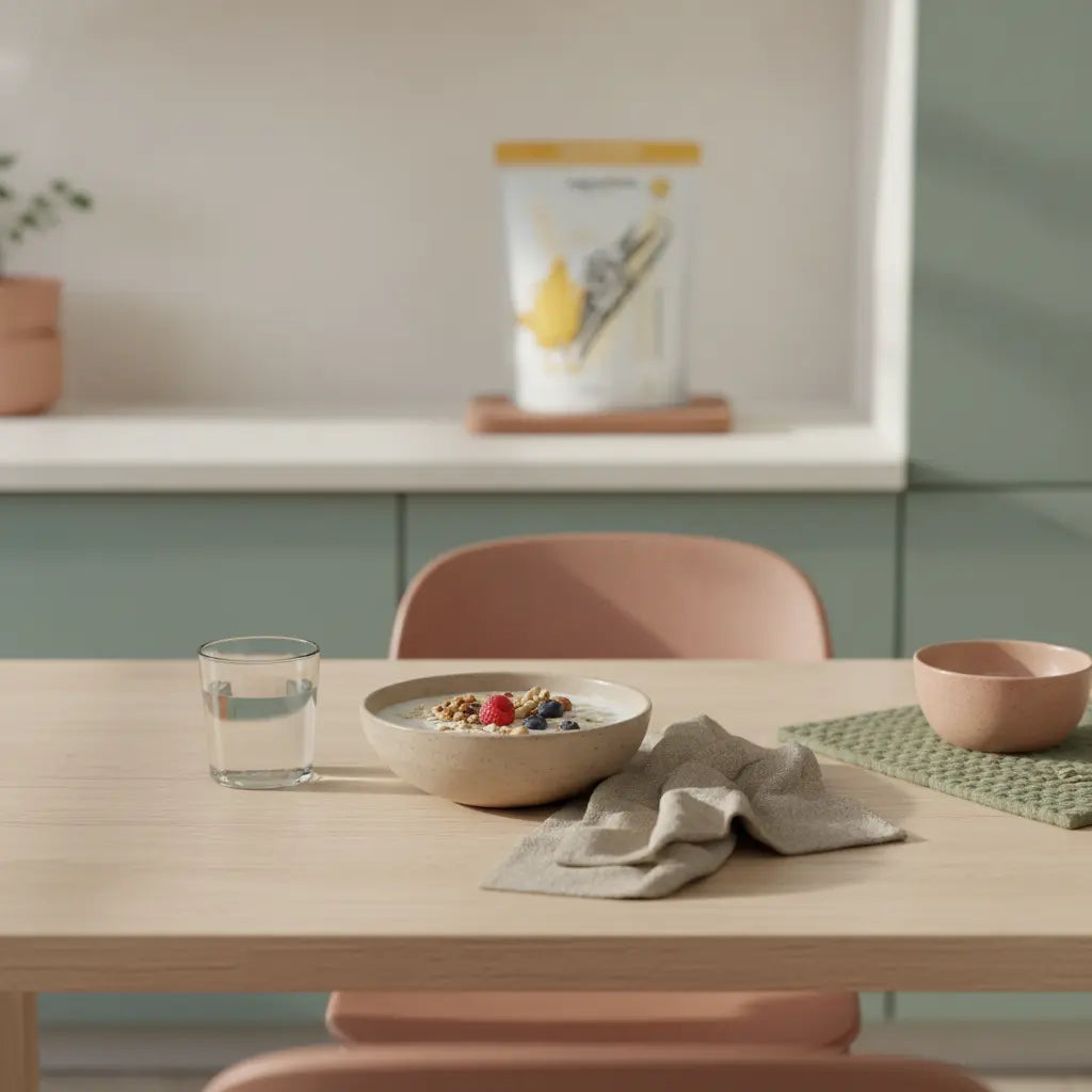 Minimalistische Morgenküche mit veganem Haferbrei, Nüssen, Beeren und diskretem pflanzlichem Omega‑3-Fläschchen im Hintergrund – Welche Diät ist die beste und effektivste