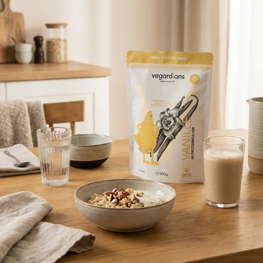 Welche Ernährung bei Fitnesstraining? Veganes Frühstück mit Haferporridge, Nüssen, Sojajoghurt, Glas Wasser und Protein‑Shake auf nachhaltigem Holztisch im sanften Morgenlicht.