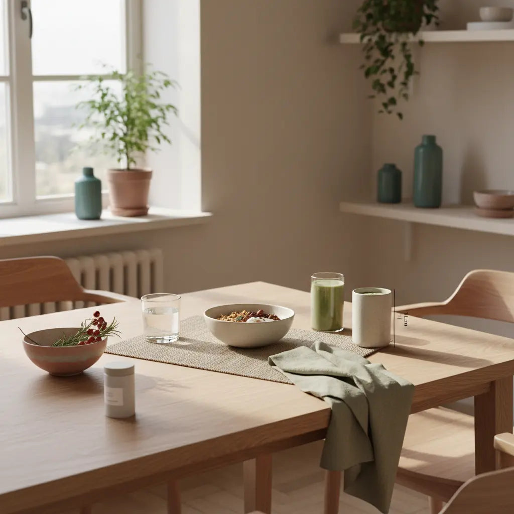 Frühstücks-Tisch mit veganer Schale, Granola, Joghurt, Shake und dem Produkt aus den Referenzfotos in ruhiger Vegardians-Ästhetik. Welche Ernährungstypen gibt es