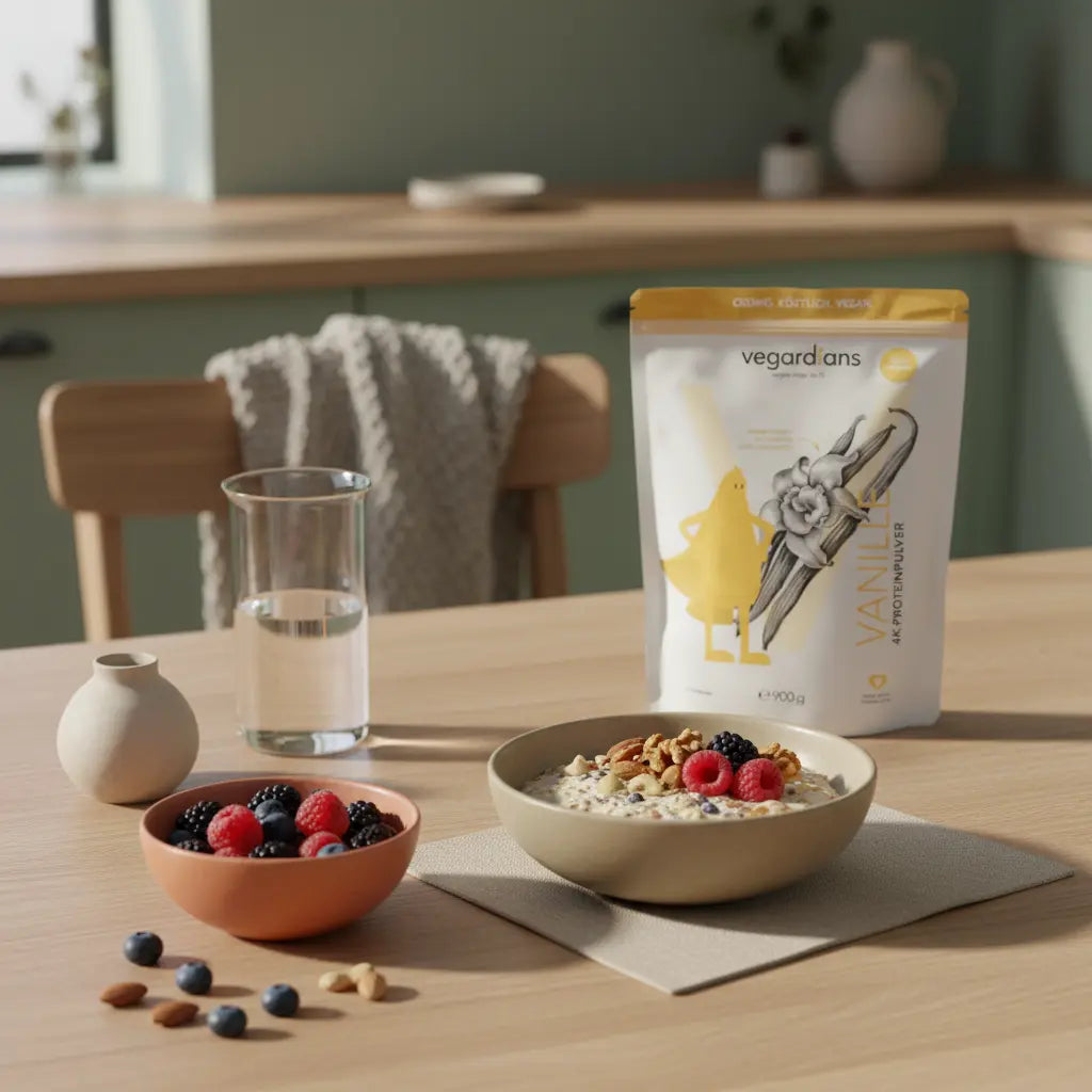 Veganer Frühstückstisch mit Hafer, Nüssen, Beeren und Wasserglas in minimalistischer Morgenlicht-Szene – welche kohlenhydrate beim abnehmen