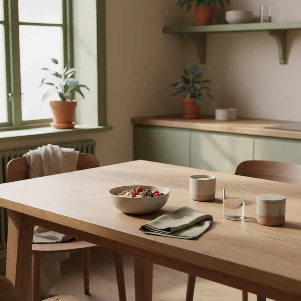 Minimalistische Morgenszene: vegane Frühstücksschale und Shake auf nachhaltigem Holztisch im Vegardians-Stil – Welche Kur ist am besten zum Abnehmen?