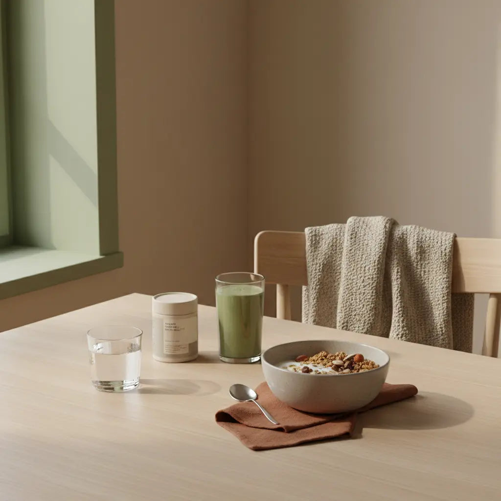 Welche Lebensmittel gehören zur pflanzlichen Ernährung? Minimalistische Morgen-Küchenszene mit Granola, pflanzlichem Joghurt, Nüssen, veganem Shake und Glas Wasser auf nachhaltigem Tisch, ruhige erdige Farben.