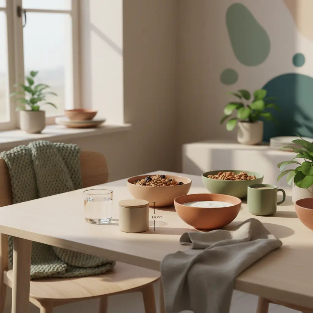 Welche Lebensmittel liefern pflanzliches Fett? Nachhaltiges Frühstück mit Granola, Pflanzjoghurt, Nüssen und Proteinshake auf minimalistischem Tisch in beige-sage-terracotta Farbwelt.