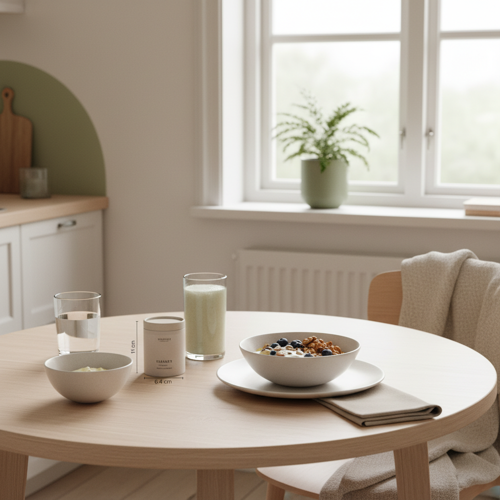 Minimalistisches Frühstück mit Granola, pflanzlichem Joghurt, Nüssen und Shake in einer europäischen Küche – Welche veganen Lebensmittel haben am meisten Protein?