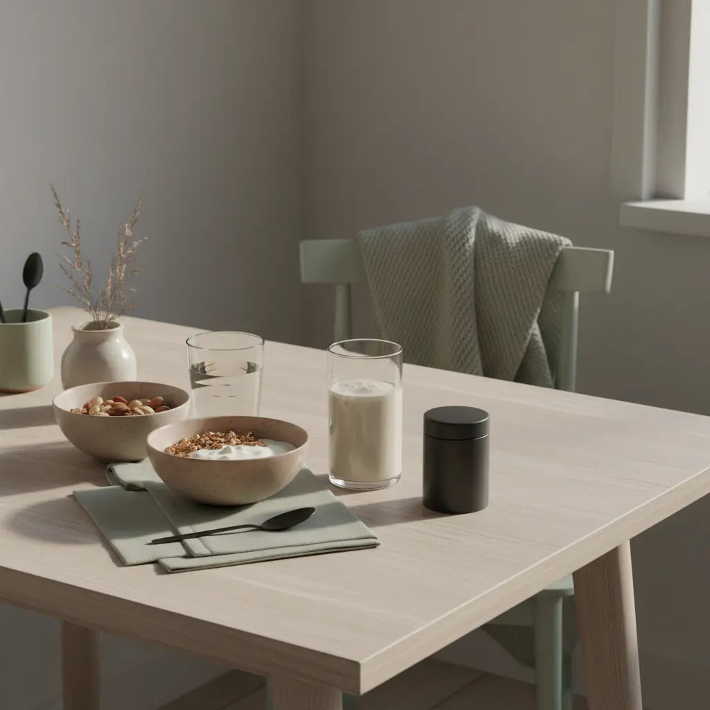 Welche vegetarischen Lebensmittel haben viel Protein? Minimalistische Frühstücksszene mit Granola, pflanzlichem Joghurt, Nüssen und Shake auf nachhaltigem Holztisch, Hintergrund #F7EDE6