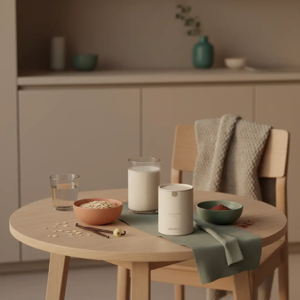 Welchen Shake abends zum Abnehmen: Cremiger Shake auf Holztisch mit Hafer, Vanilleschote und Kakaopulver in warmer Abendlicht-Küchenszene.