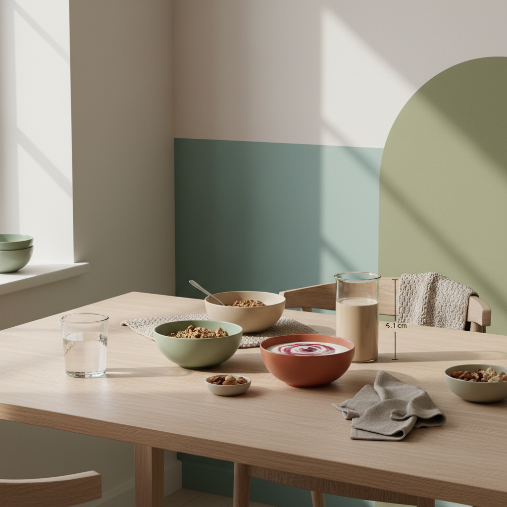 Veganer Frühstückstisch mit Granola, pflanzlichem Joghurt, Nüssen und Protein-Shake in einer minimalistischen europäischen Küche — Welches Essen fördert Muskelaufbau?