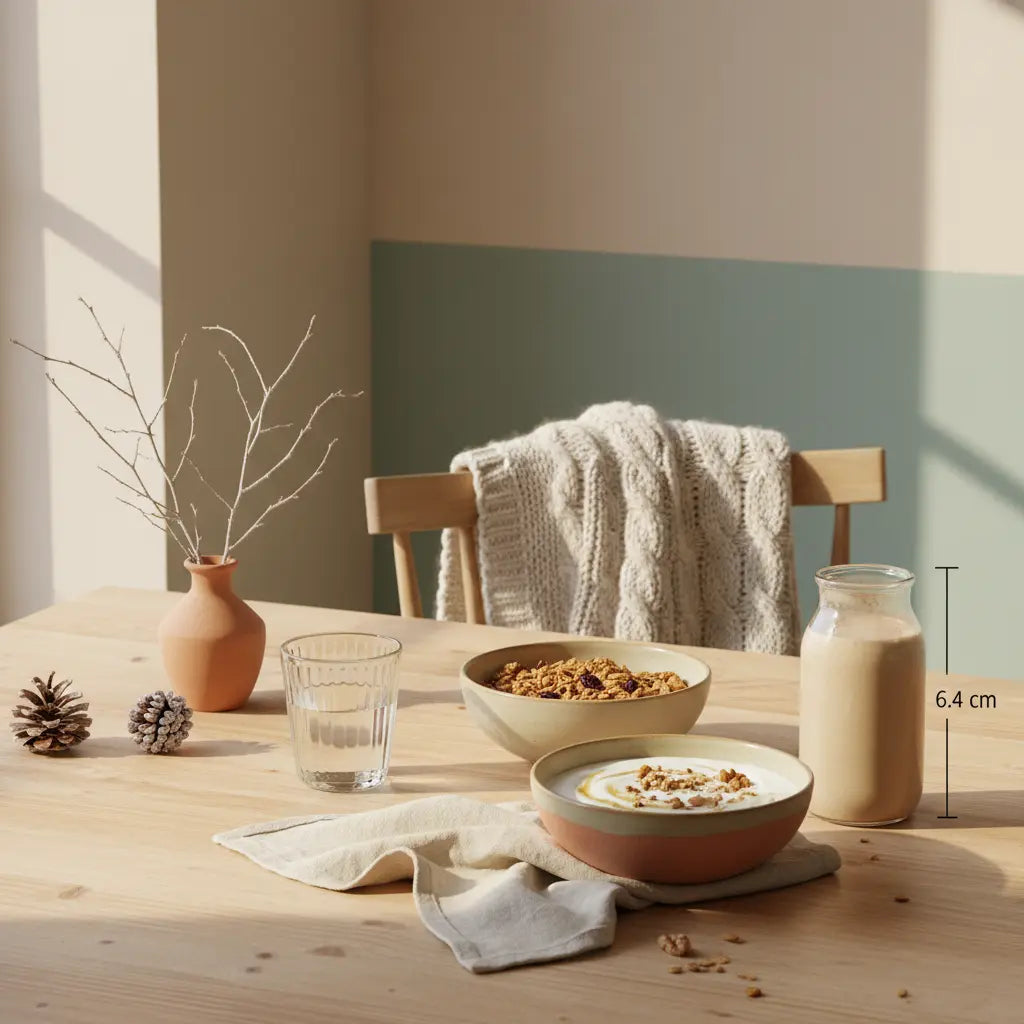 Minimalistisches Frühstück mit Granola, pflanzlichem Joghurt, Nüssen und Proteinshake in einer europäischen Küche im Morgenlicht – welches gemüse hat viel eiweiß