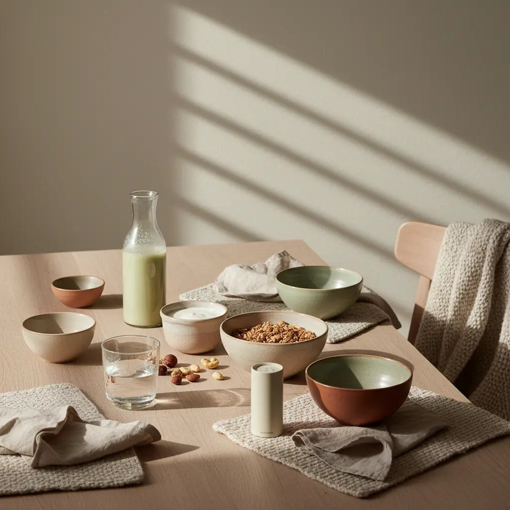 Minimalistisches Frühstück in europäischer Morgenküche mit Granola, pflanzlichem Joghurt, Nüssen und Shake; das Produkt aus den Referenzfotos. welches gewürz verbrennt fett auf nüchternen magen