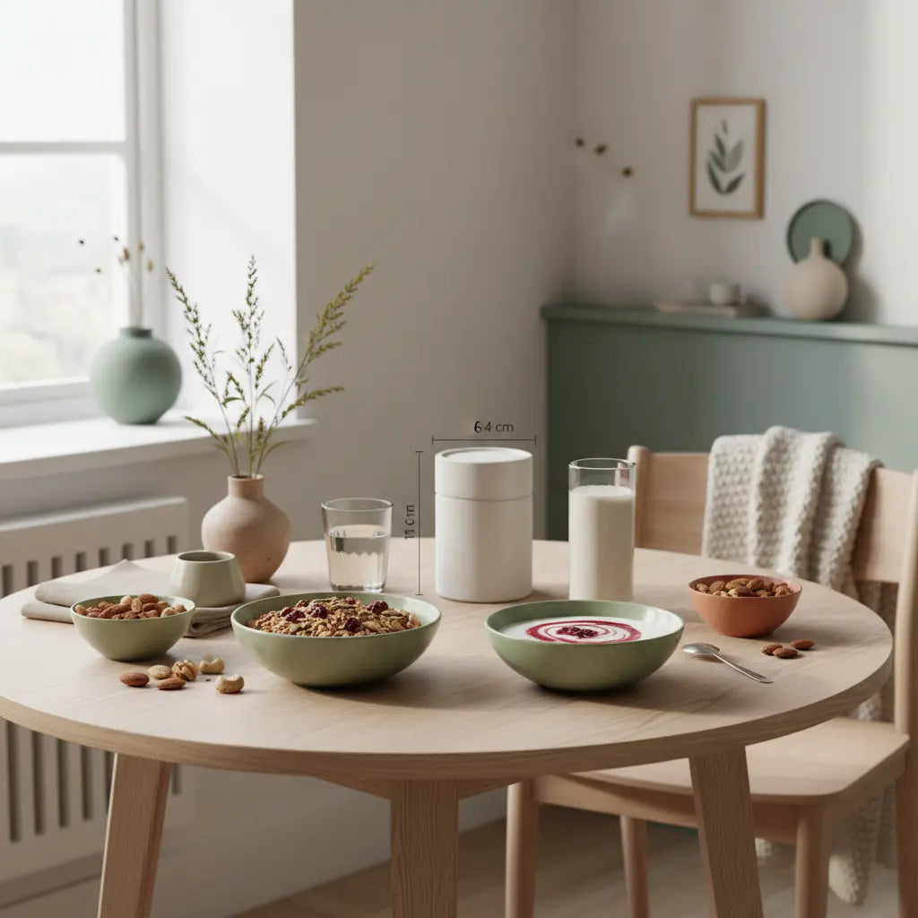 Veganer Frühstückstisch mit Granola, pflanzlichem Joghurt, Nüssen und Shake – Welches Lebensmittel hat am meisten Eiweiß? Minimalistische, nährende Szene.