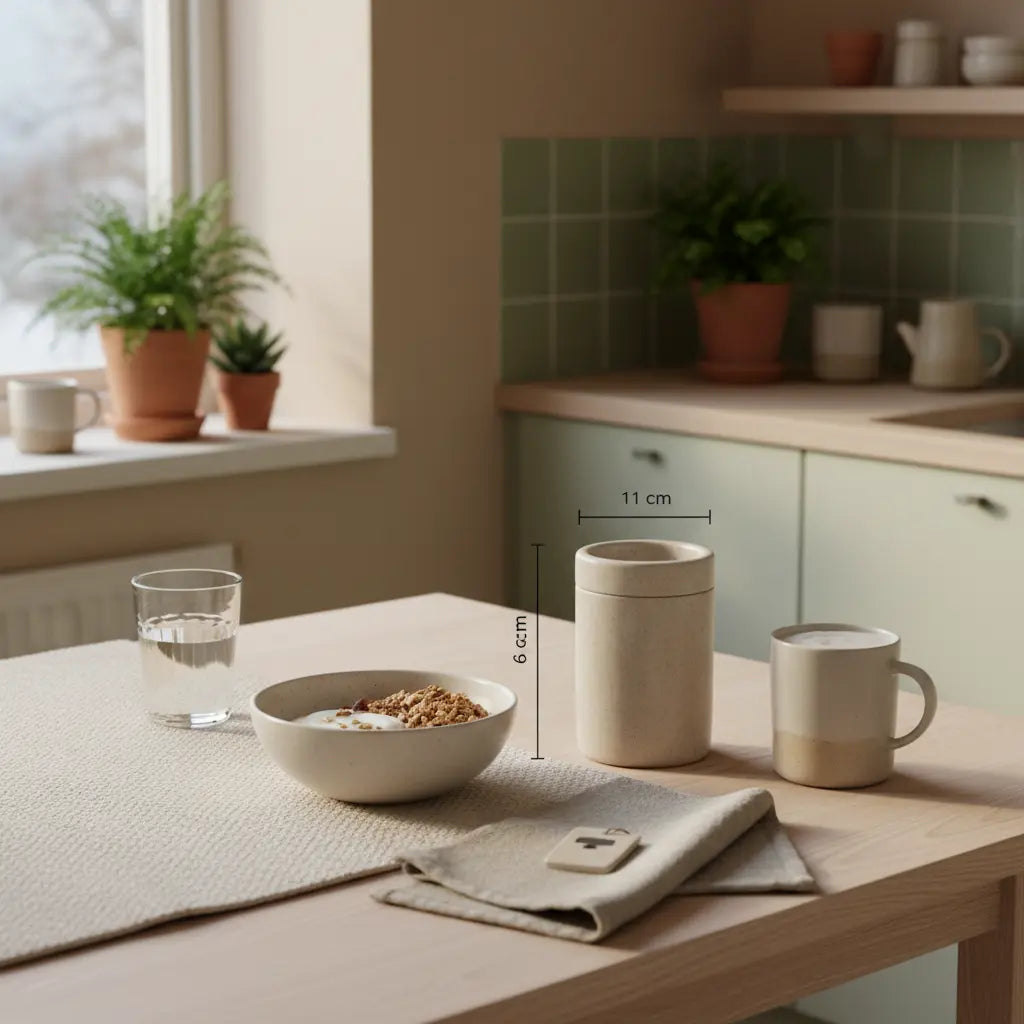 Minimalistisches Frühstück in europäischer Küche: Granola, pflanzlicher Joghurt, Nüsse und Proteinshake neben dem Produkt aus den Referenzfotos – Welches Protein ist das beste für Muskelaufbau