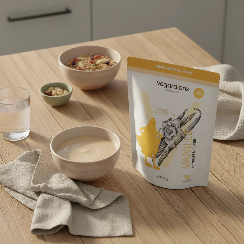 Frühstücksszene mit Müsli, Nüssen, Glas Wasser und Proteinshake auf nachhaltigem Holztisch im sanften Morgenlicht – welches proteinpulver als anfänger