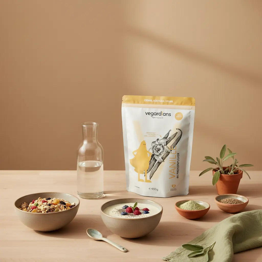 Minimalistische Morgenküche mit veganem Proteinshake, Müsli, Erbsenprotein, Reis und Hanfsamen auf salbei‑beigem Hintergrund – welches pulver beim muskelaufbau bei frauen