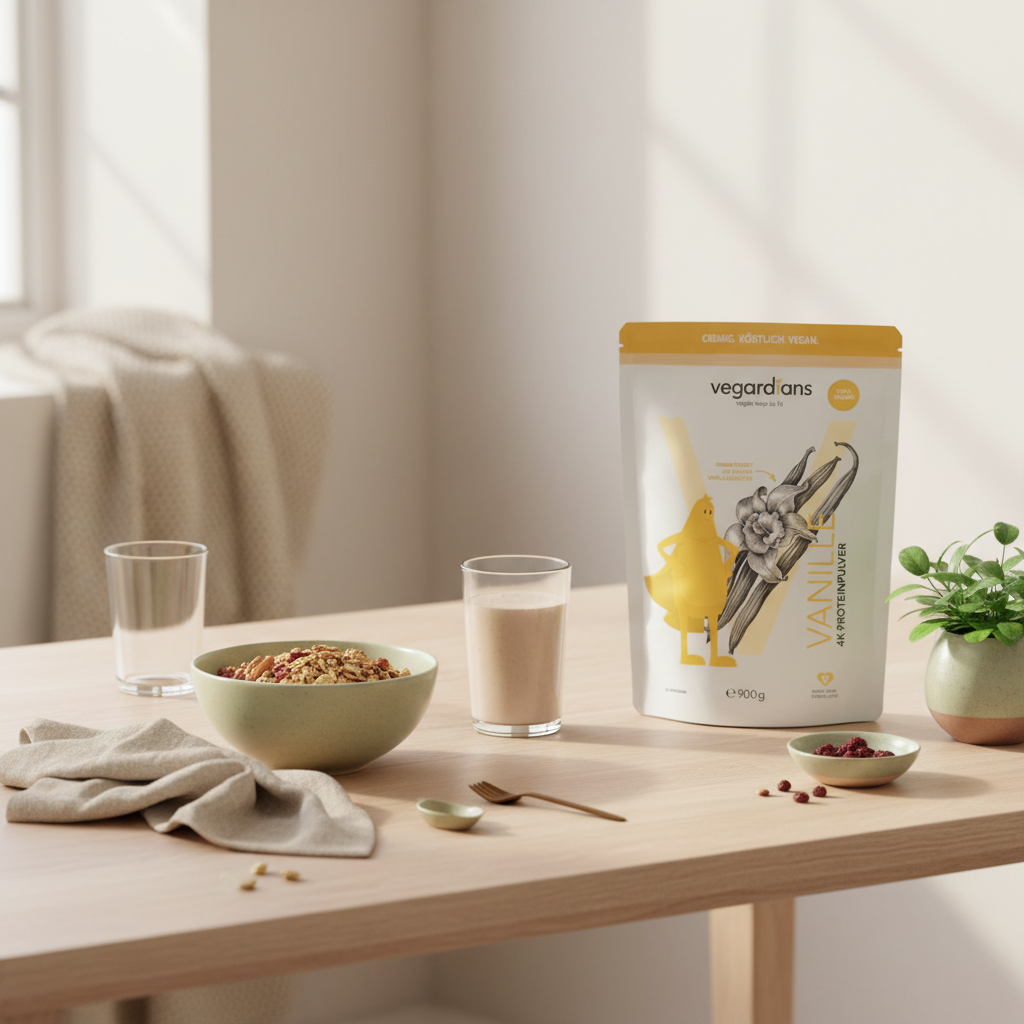 Sanfte Morgenküche: nachhaltiger Holztisch mit Müsli, Glas Wasser und proteinreichem Shake—ruhige beige-salbei Stimmung, Fokus auf whey protein wirkung.