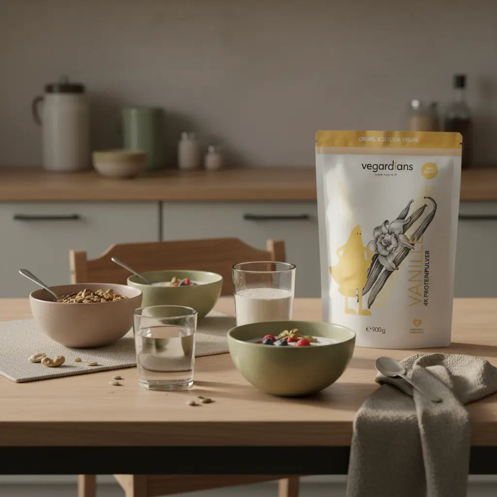 Minimalistische europäische Küche im Morgenlicht mit gedecktem Tisch, nachhaltigen Keramikschalen, Glas Wasser und nährender veganer Mahlzeit. Wie alt muss man für Bungee Fitness sein?