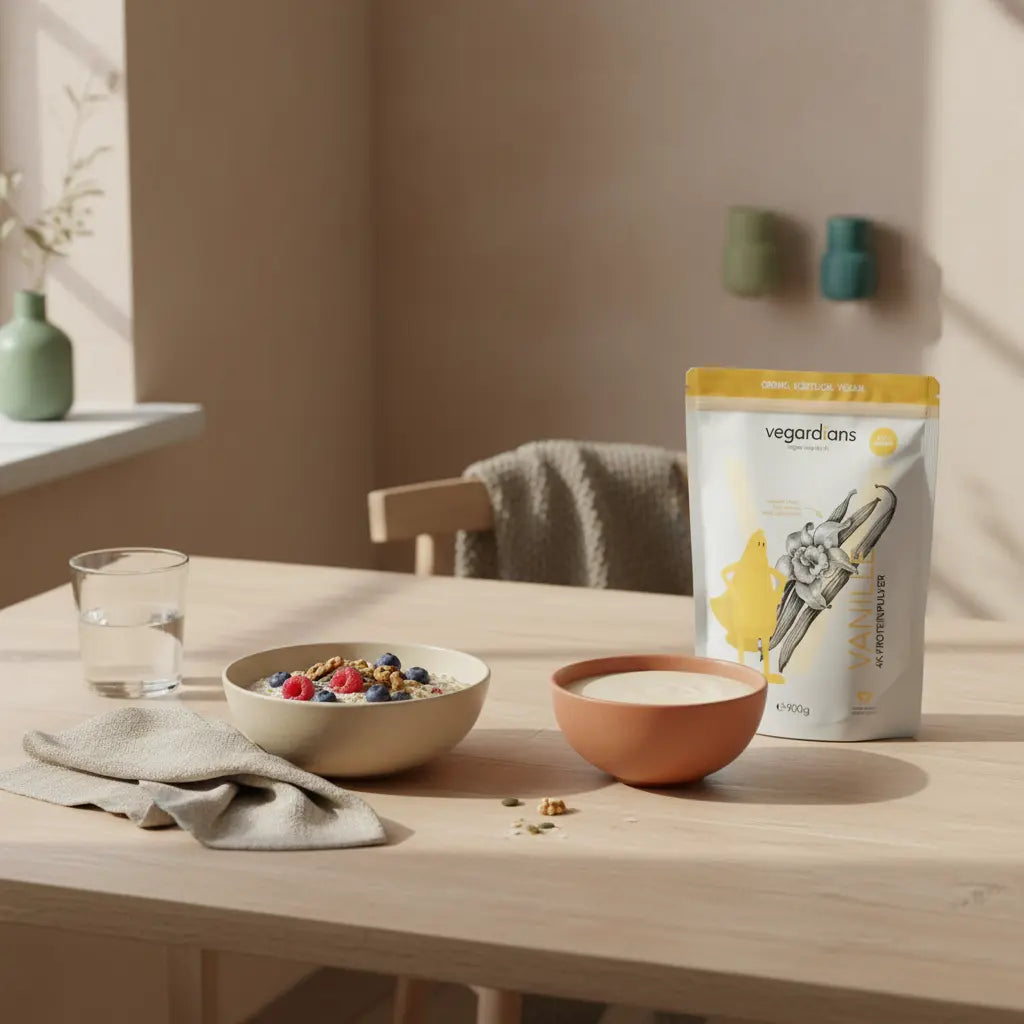 Ruhevolle Morgenküche mit Haferbrei, Beeren, Nüssen, Glas Wasser und veganem Shake auf nachhaltigem Holztisch – Kontext zu 'Wie bekomme ich dicken Unterbauch weg?'