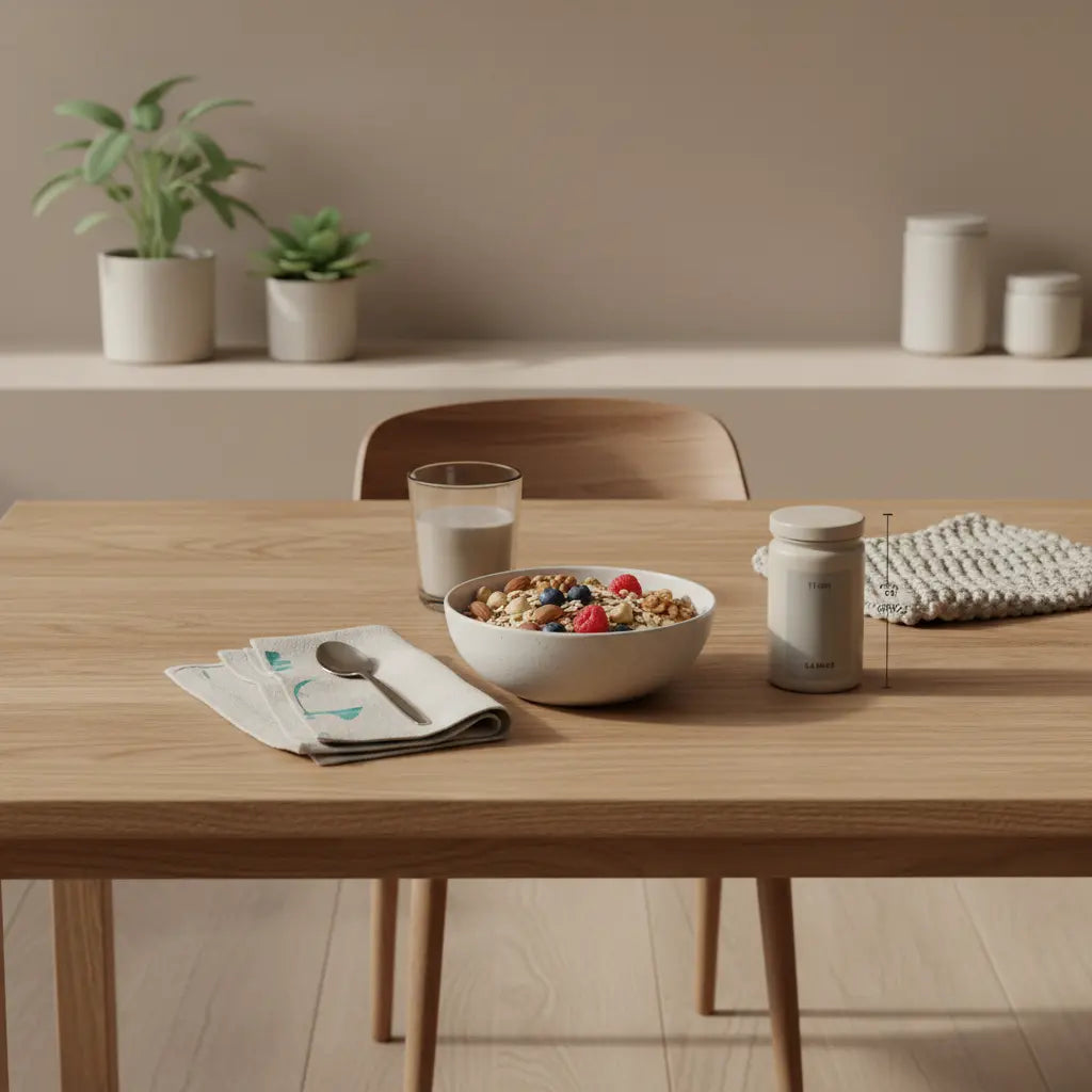 Minimalistische Morgenküche mit veganer Protein-Schale und Shake auf nachhaltigem Holztisch in beige-salbei Farbstimmung – Wie bekomme ich schnell Bauch weg?