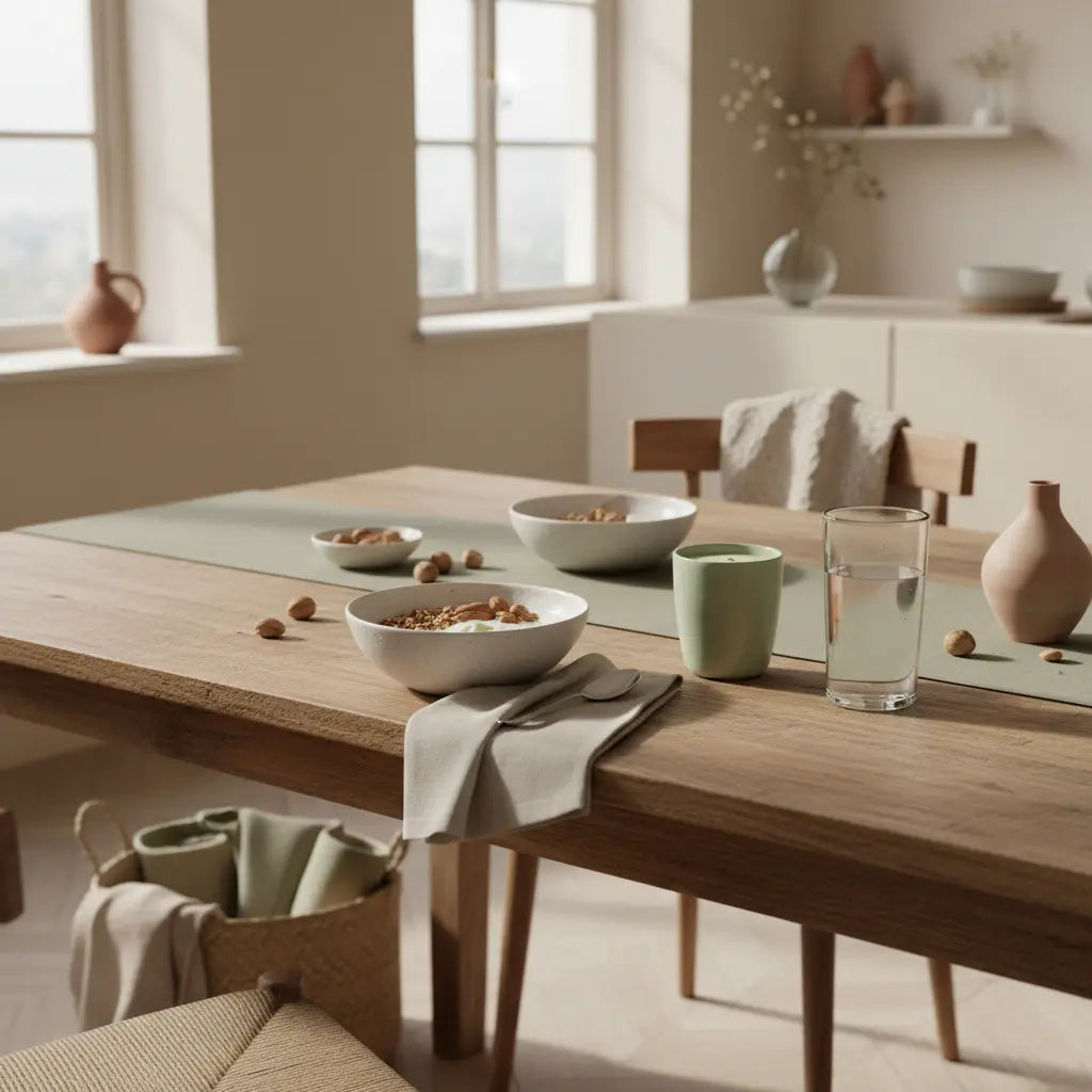 Minimalistisches, nährendes Frühstück mit Granola, Joghurt, Nüssen und Shake in einer europäischen Küche bei Morgenlicht — Wie bleibe ich im Alter fit und gesund?