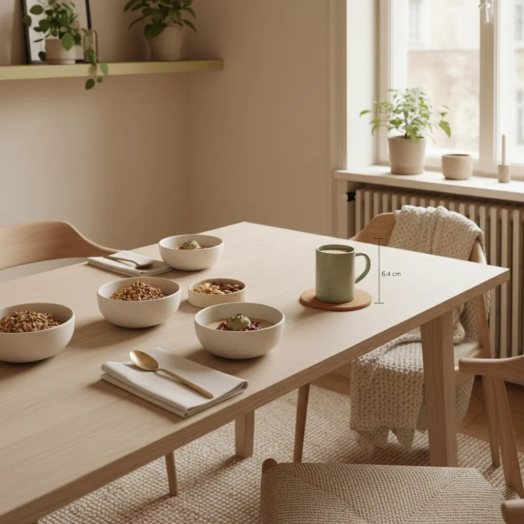 Minimalistisches Frühstück mit Granola, Pflanzendessert, Nüssen und Shake in Keramik – Wie erreicht man als Veganer 100 g Protein? sanftes Morgenlicht, Hintergrund #F7EDE6