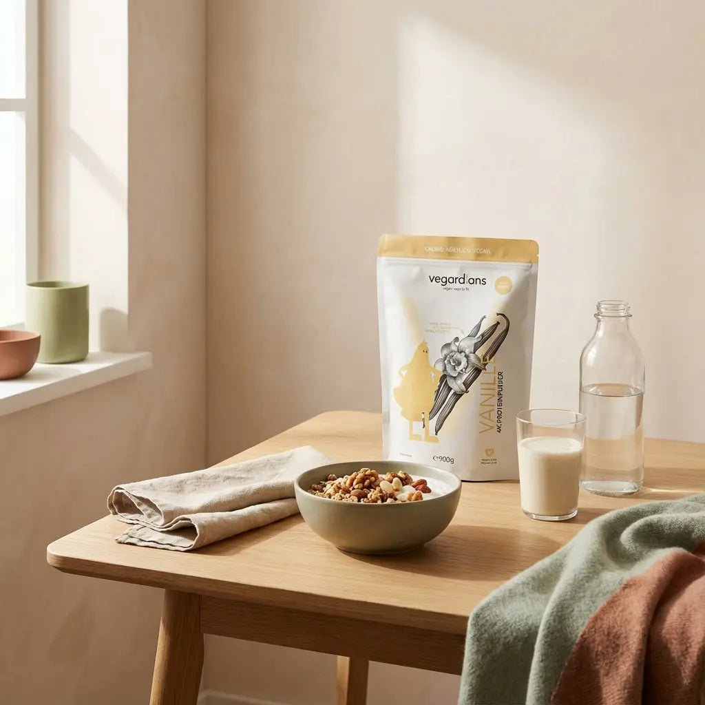 Wie kann ich mich fürs Gym motivieren: Minimalistische Morgenküche mit nachhaltigem Holztisch, Müsli-Schale, Wasserglas und Shake in Beige‑Salbei‑Terrakotta-Farbwelt