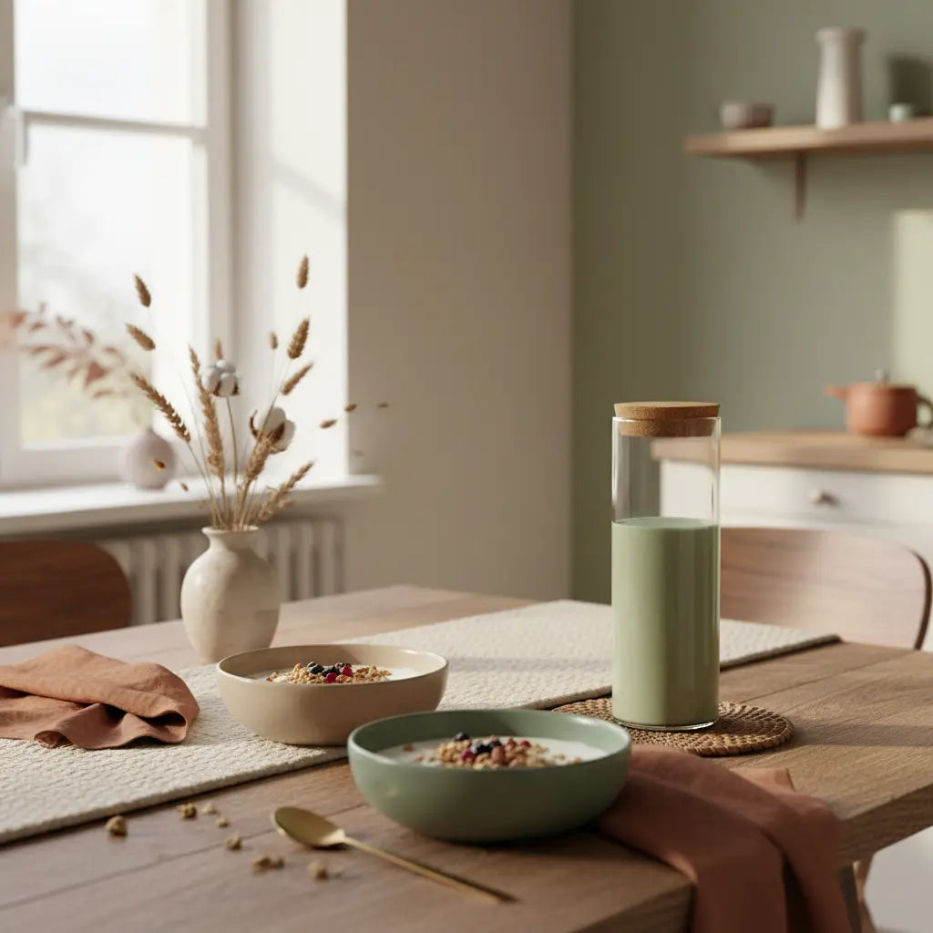 Wie kann ich Weihnachtsstimmung erzeugen? Minimalistisches Frühstück in europäischer Küche mit nachhaltigem Gedeck, Granola, Nüssen, veganem Shake und wolligen Leinen-Texturen.