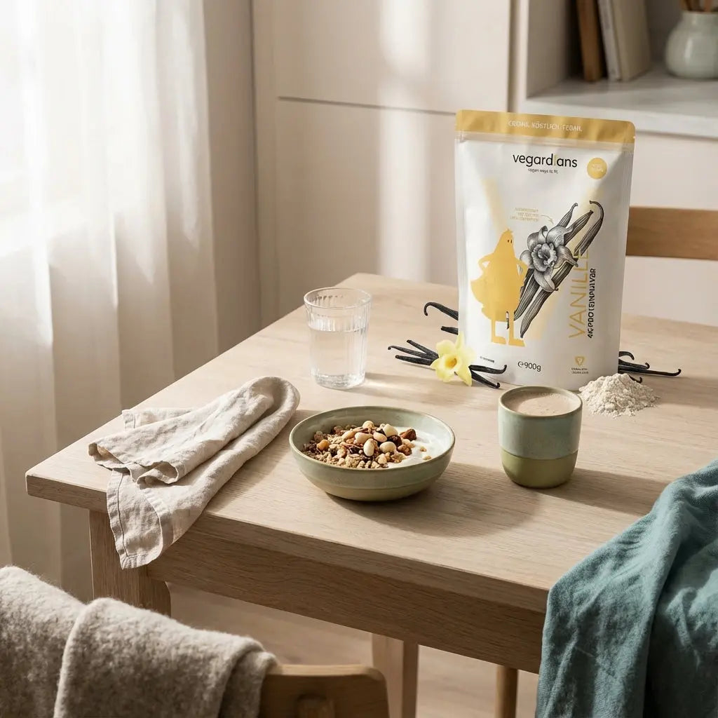 Wie kann man als Vegetarier 1600 Kalorien pro Tag zu sich nehmen? Minimalistische Morgenküche mit vegetarischem Müsli, Joghurt, Nüssen, Shake und dem Produkt aus den Referenzfotos, voller Bildausschnitt.