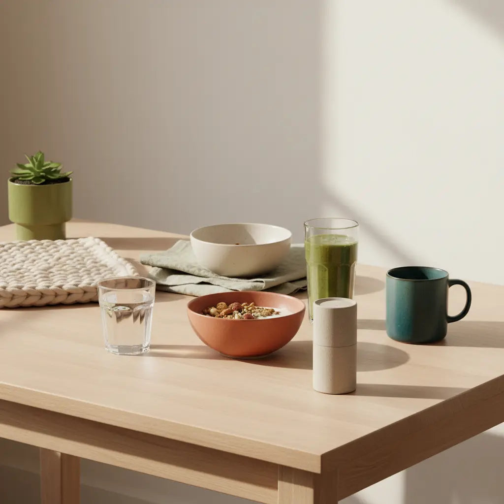 Veganer Frühstückstisch mit Granola, Joghurt, Nüssen und Shake in ruhiger Winter-Ästhetik — Wie kann man sich im Winter motivieren?