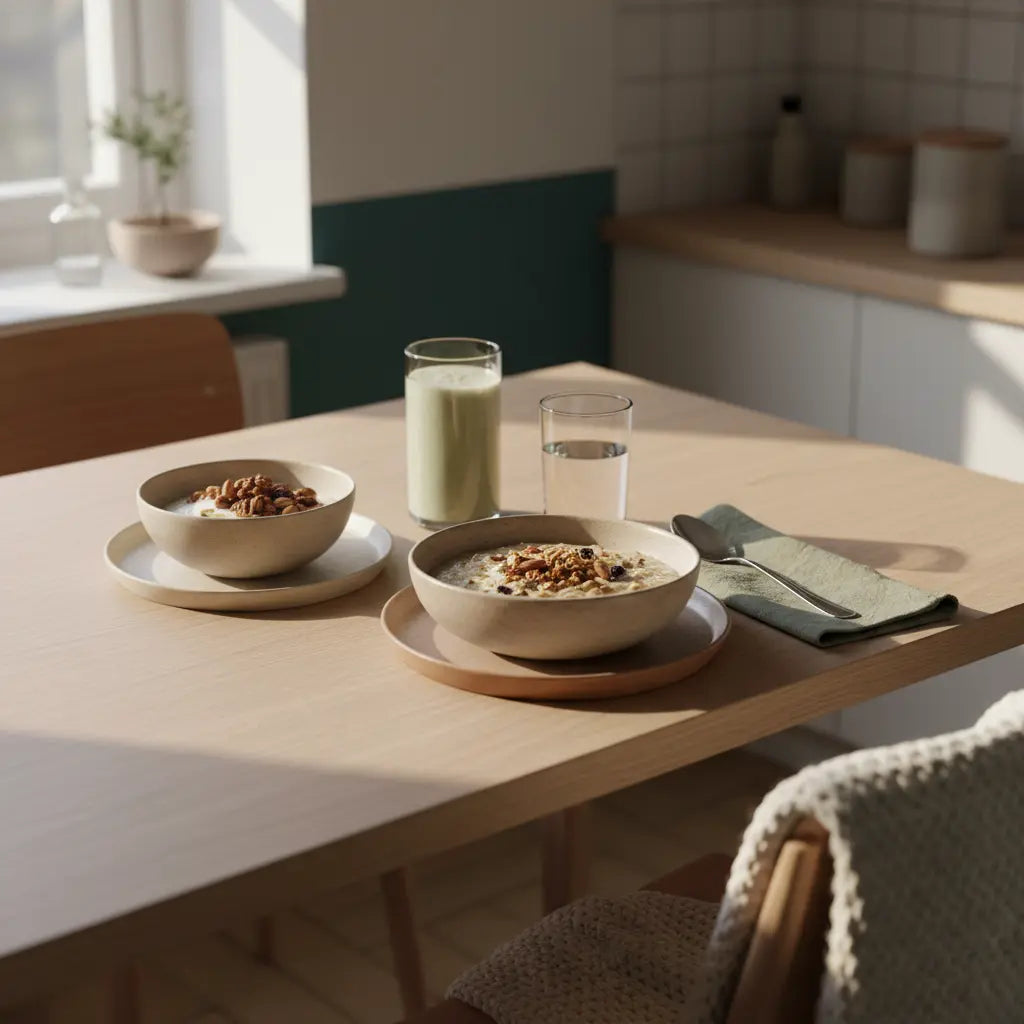 Wie kann man sich im Winter motivieren? Minimalistisches veganes Frühstück in europäischer Küche: Haferbrei mit Granola und Nüssen, Leinen- und Wolltexturen im warmen Morgenlicht.