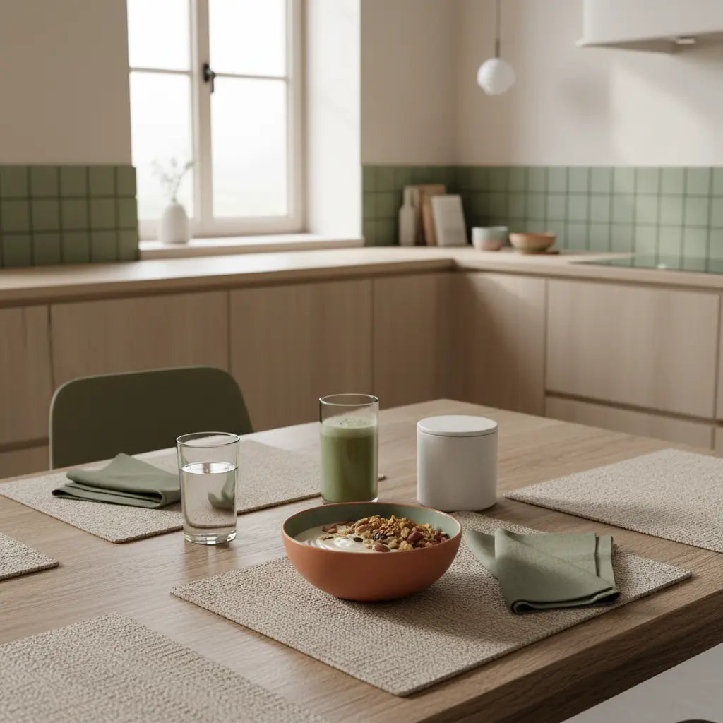 Wie kann man sich im Winter motivieren? Ruhiges, minimalistisches Frühstück in einer europäischen Küche mit Granola, veganem Shake, Glas Wasser und Woll- sowie Leinentexturen, Hintergrund #F7EDE6.