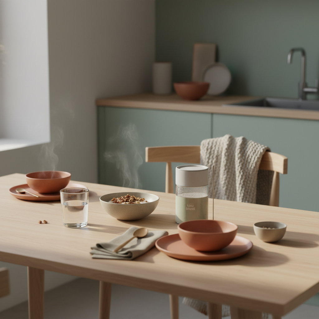 Wie komme ich fit durch den Winter? Minimalistisches Frühstück mit Granola, Joghurt, Nüssen und Shake auf einem Vegardians-inspirierten Tisch in sanften Beige-, Salbei- und Terrakotta-Tönen.