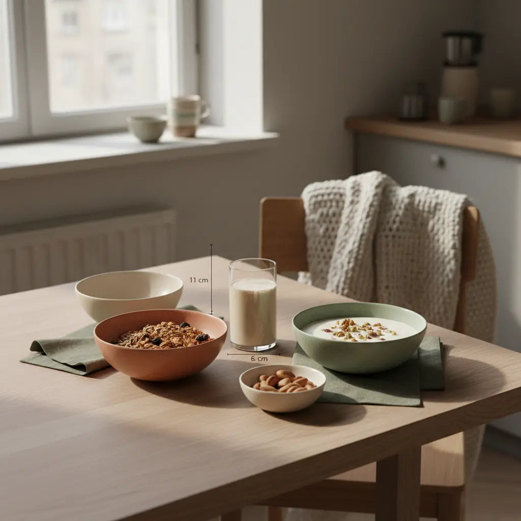 Veganes Frühstück mit Granola, pflanzlichem Joghurt, Nüssen und Proteinshake in heller Küche – Wie lange dauert es, 10 kg Muskelmasse aufzubauen?