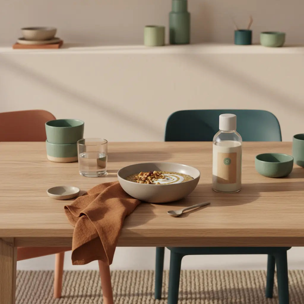 Minimalistisches Frühstück mit veganem Porridge, Wasserglas und Proteinshake auf nachhaltigem Holztisch – wie lange fasten um 10 kilo abzunehmen