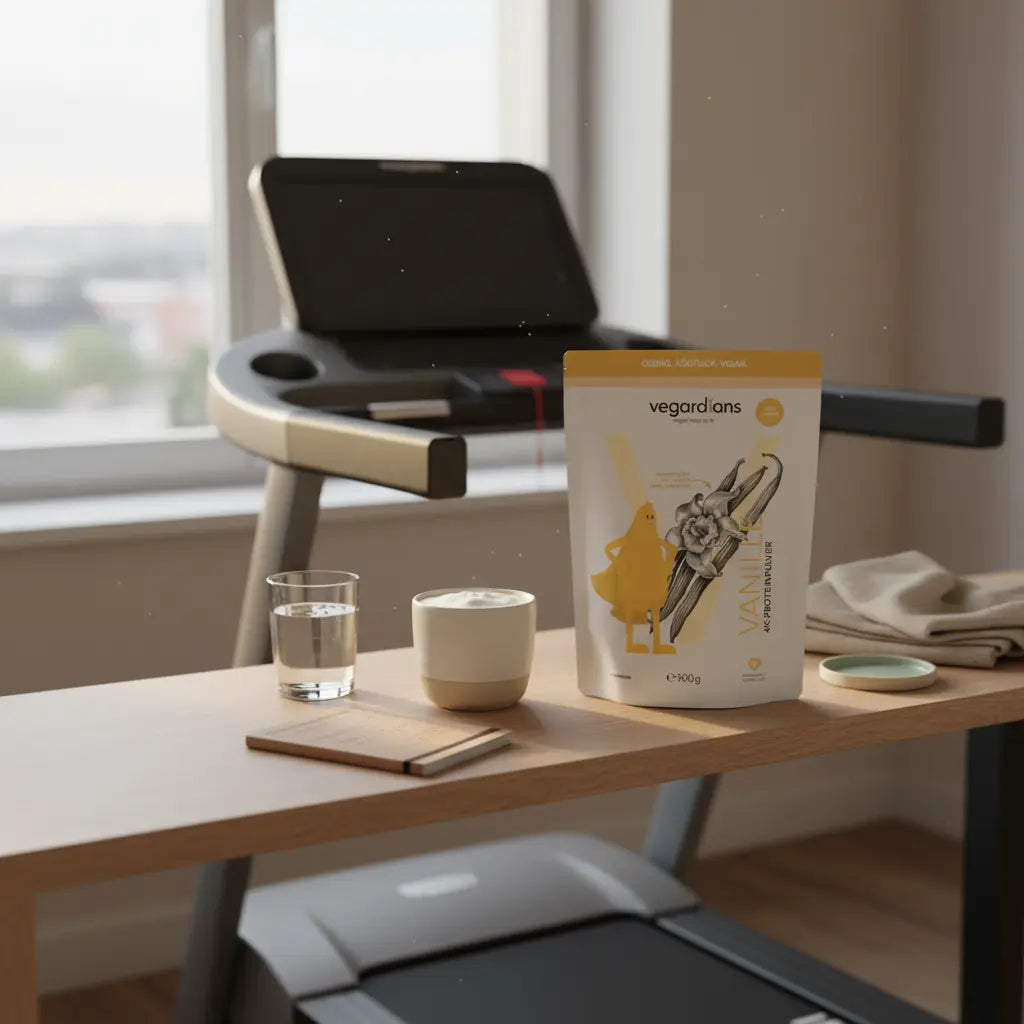 Nahaufnahme eines aufgeräumten Laufband-Interieurs mit Holzablage, Glas Wasser, Proteinshake und Notizbuch – Wie lange muss ich auf dem Laufband Laufen, um abzunehmen?