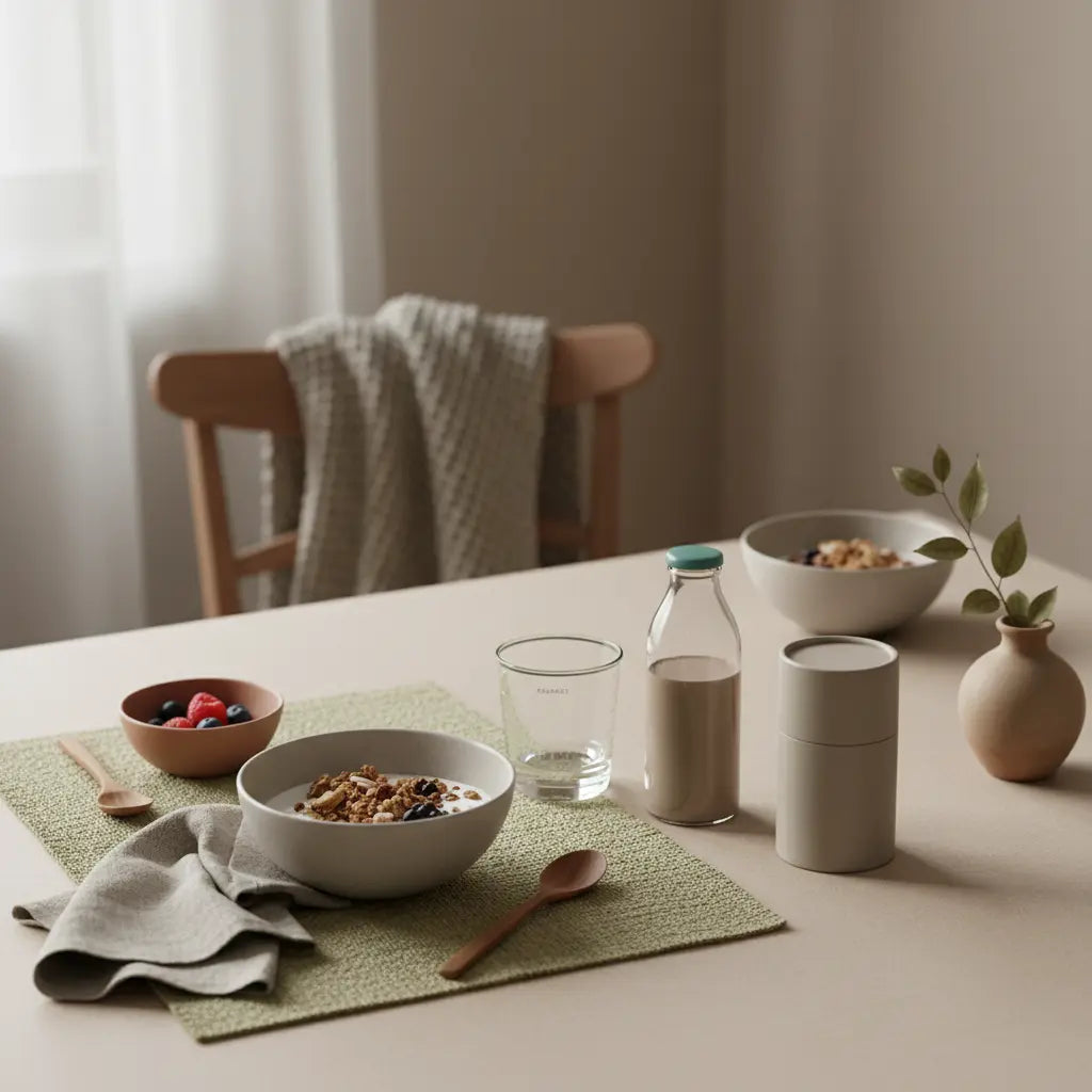 Wie motiviere ich mich für Gym? Minimalistische Morgen-Tischszene mit veganem Frühstück (Granola, Joghurt, Nüsse) und vorbereitetem Shake, erdige Farbtöne, nachhaltiges Geschirr.
