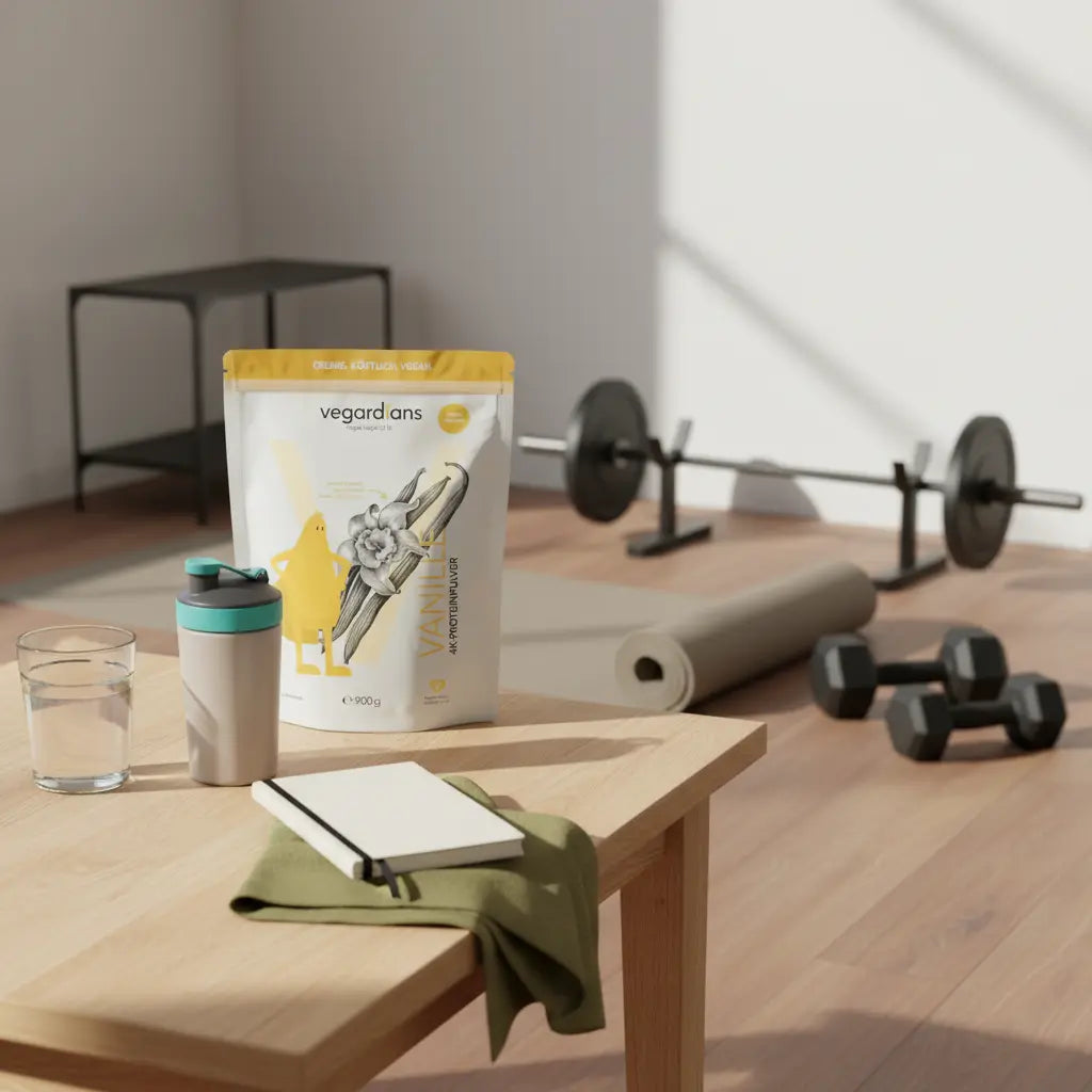 Minimalistische Heimtrainer-Ecke in Morgenlicht mit Langhantel, Kurzhanteln, Matte, Glas Wasser, Shake und Notizbuch – Wie oft die Woche trainieren Bodybuilding