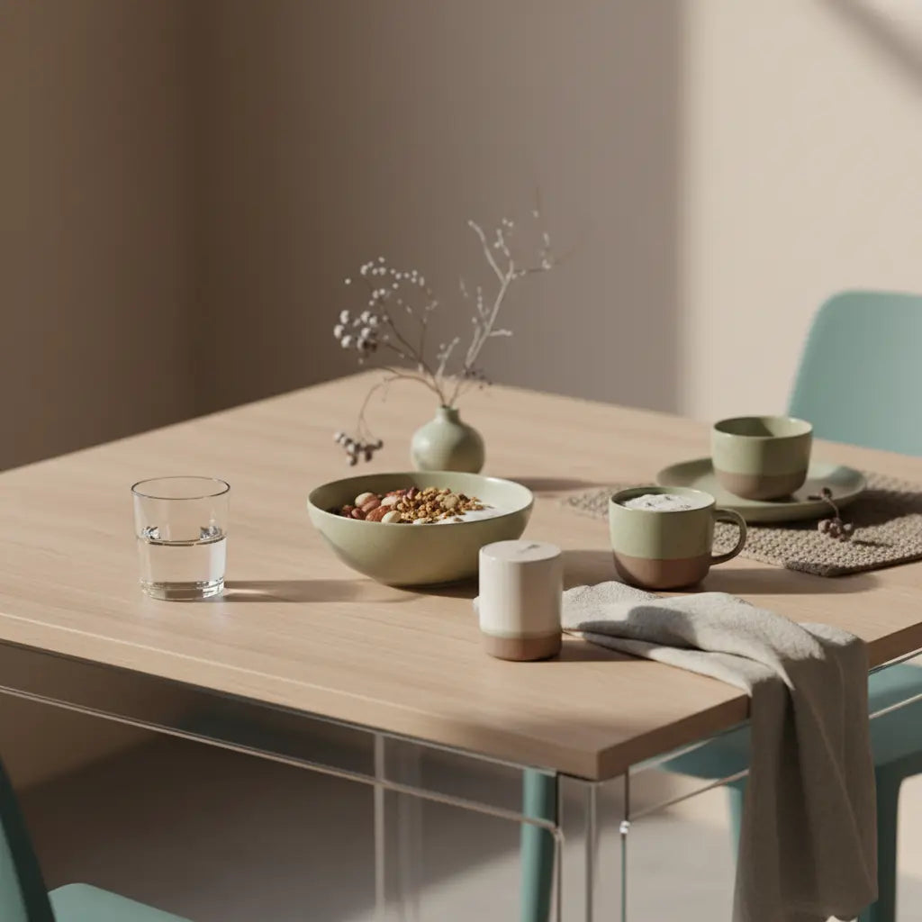 Minimalistische europäische Küche im Morgenlicht mit veganem Frühstück (Granola, Joghurt, Nüsse, Shake), Keramikschalen und Leinen – Bild für wie schnell wirkt omega-3 bei entzündungen