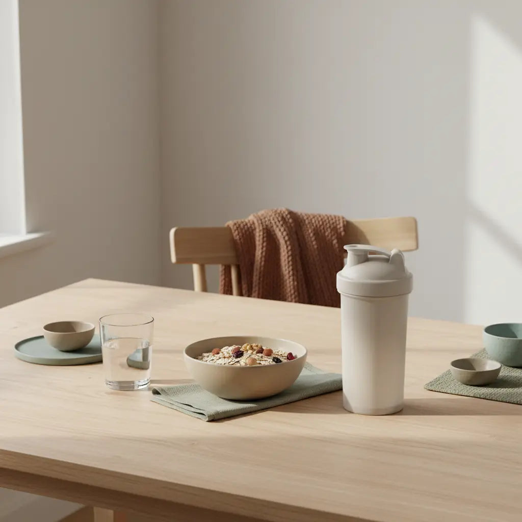 Minimalistische Frühstücksszene in europäischer Küche mit Hafer-Müsli, Nüssen, Wasser und neutralem Shake‑Becher auf nachhaltigem Holztisch – wie sollte man mit fitness anfangen