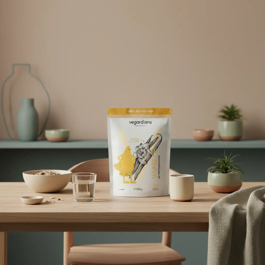 Aufgeräumte europäische Küche im Morgenlicht mit Haferflocken, Nüssen, Glas Wasser, pflanzlichem Proteinshake und dezent platziertem Produkt – wie trainiere ich muskeln zuhause