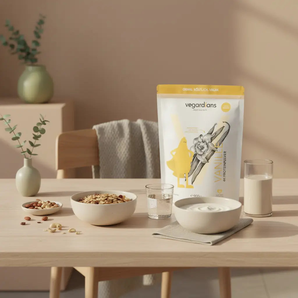 Minimalistische Morgen-Küchenszene mit Glas Wasser, Müsli, veganer Joghurt‑Alternative, Nüssen, Protein‑Shake und dem Produkt auf dem Tisch – wie viel gewicht verliert man beim entwässern