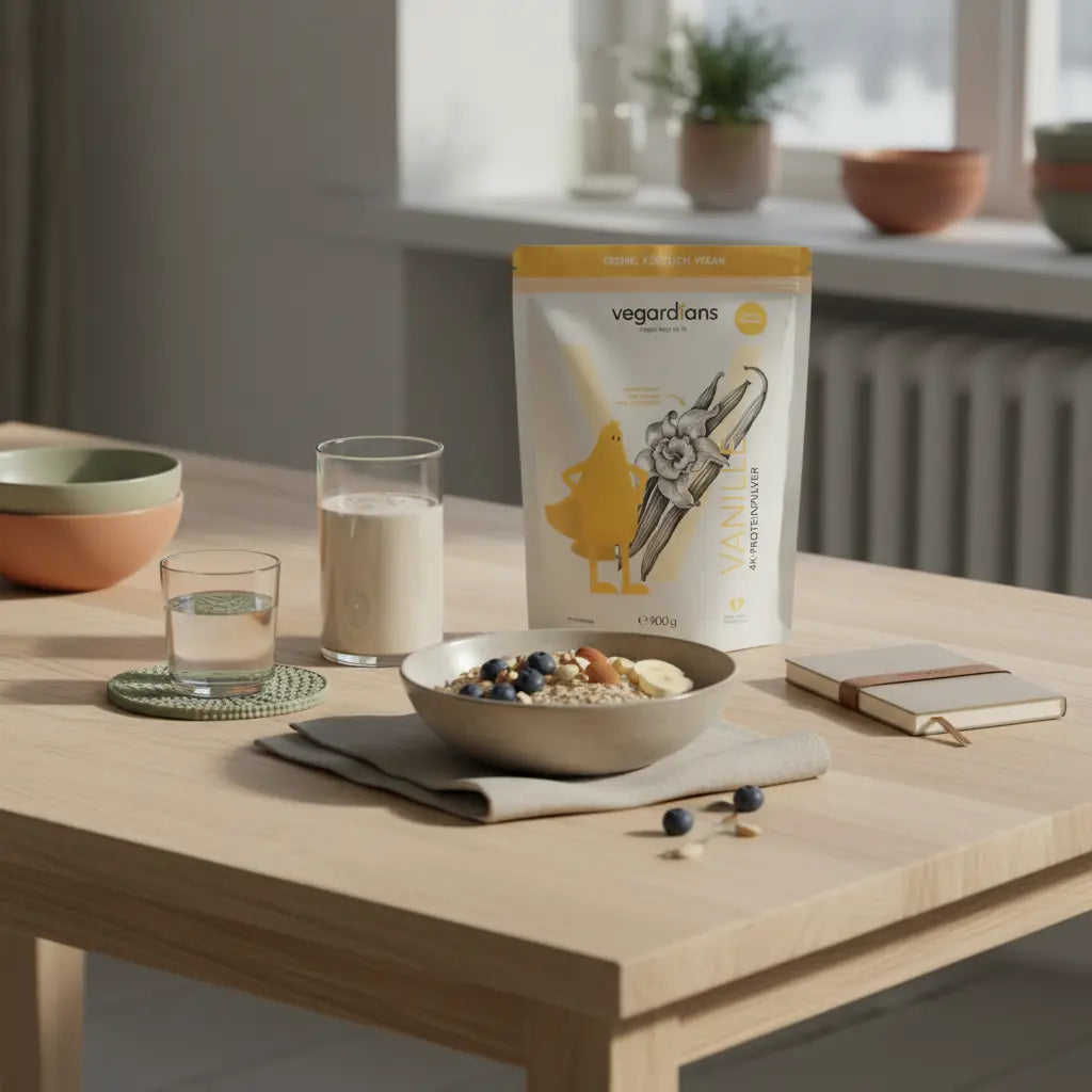 Morgenlicht auf minimalistischem Holztisch mit Müsli, Nüssen, Obst, veganem Shake und Notizbuch – Motiv zu ‚wie viel kann man in 2 Monaten abnehmen‘