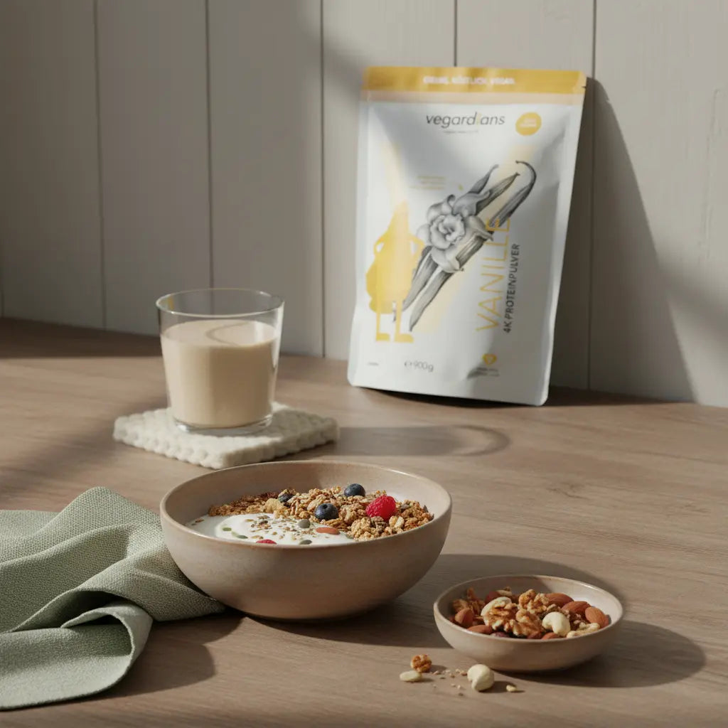 Morgenlicht auf nachhaltigem Holztisch mit Müsli, pflanzlichem Joghurt, Nüssen, Shake und Vegardians-Produkt – wie viel protein als frau zum abnehmen