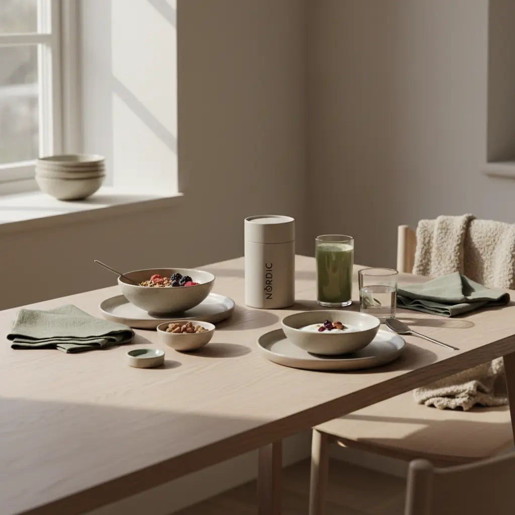 Wie viele Eier sind 100 g Eiweiß – minimalistisches, veganes Frühstück in europäischer Küche mit Granola, pflanzlichem Joghurt, Nüssen und Shake im weichen Morgenlicht, Full-frame